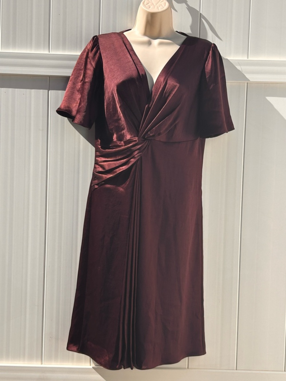 Elie Tahari Satin Twist-Front Midi Dress Deep Plum Purple | Size US 8 UK 12